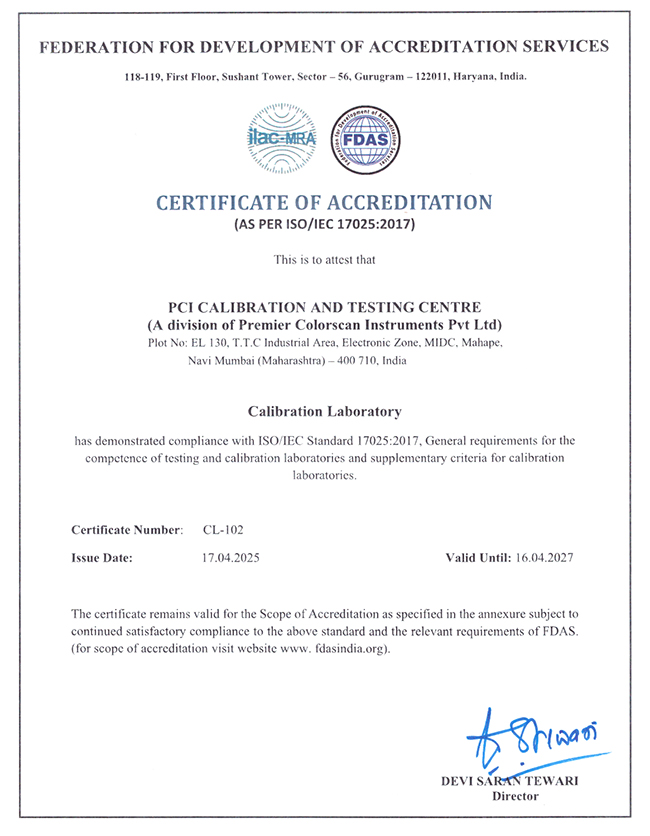 PCI Calibration and Testing Certificate